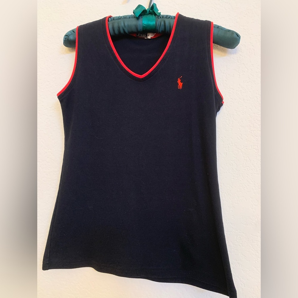 Ralph Lauren Black V-Neck Top with Red Accents